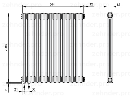 Схема (чертеж) Радиатор Zehnder Charleston 2250/14 №3370 Белый глянцевый RAL 9016